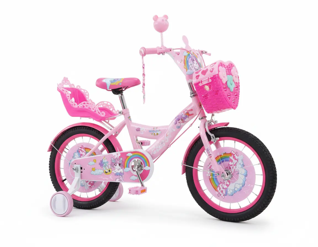 دراجة هوائية 12 بوصة بتصميم أنثوي عصري وألوان جذابة مع سلة أمامية وردي فاتح