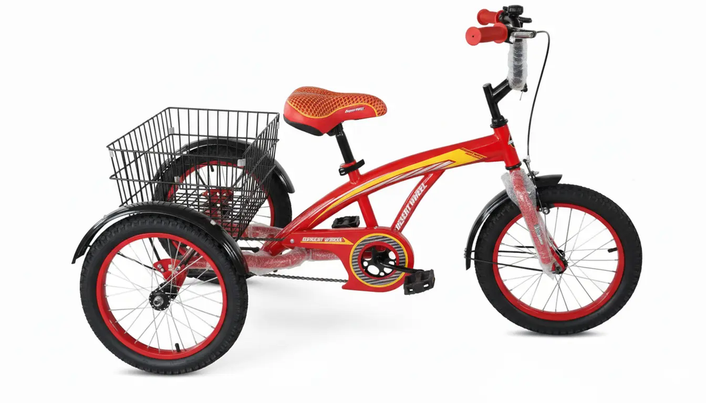 دراجة هوائية 3عجلات مع سلة خلفية 16/18/20 بوصة بتصميم رياضي | متوفر باللون ( الأحمر ، الأزرق ، الأسود ) أحمر