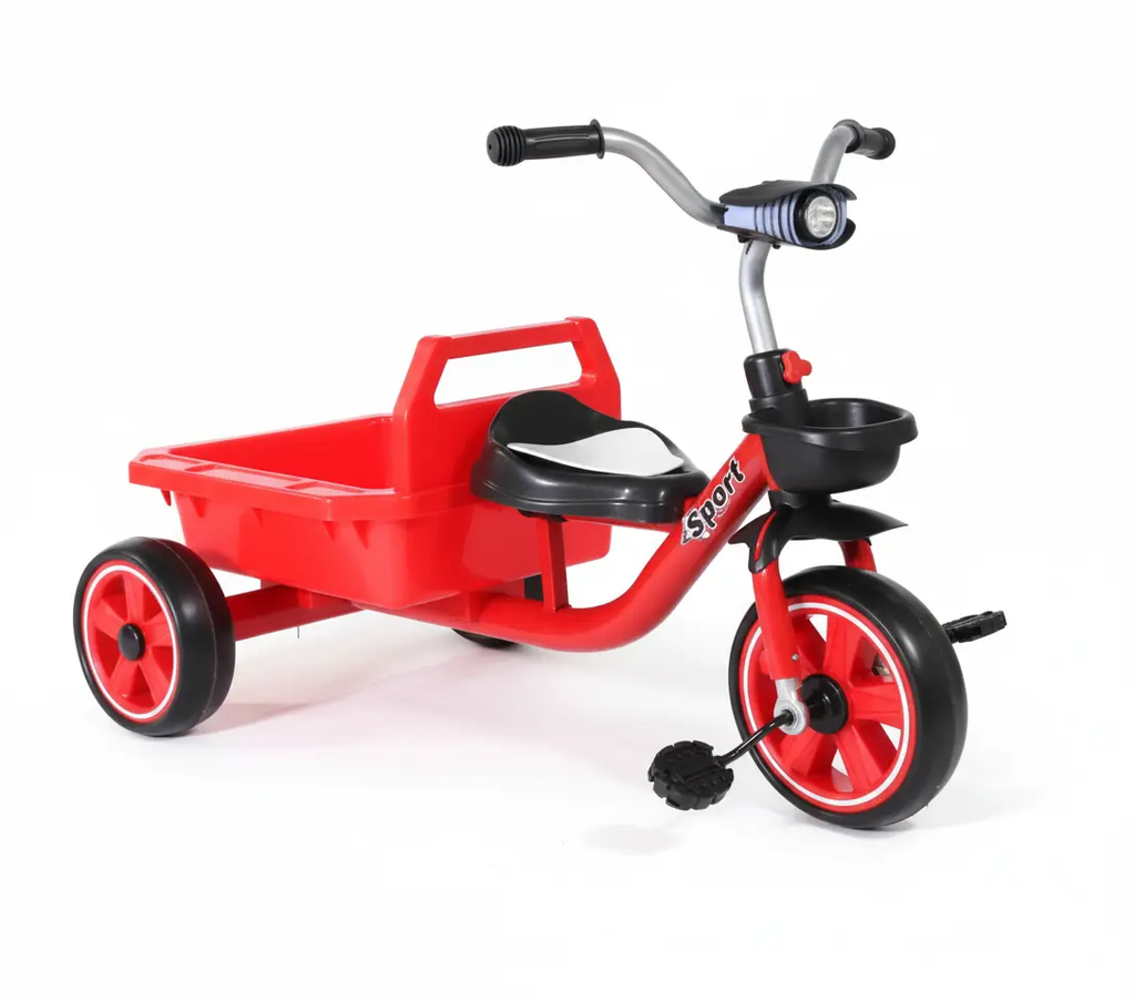 دراجة ثلاثية العجلات مع مصباح أمامي مع سلة خلفية للأطفال بتصميم رياضي | متوفر باللون ( الأحمر ، الأزرق ) أحمر